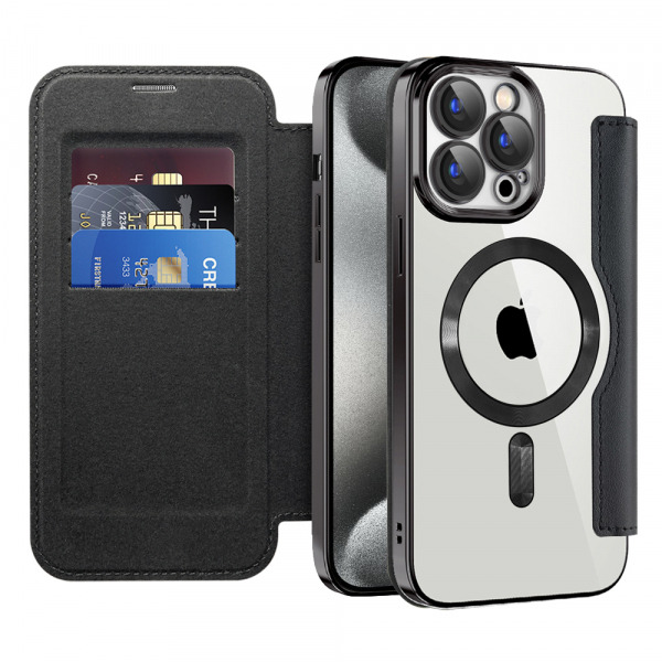 Husa MagSafe pentru Apple iPhone 15 Pro Max, Techsuit, SmartMag Book, Neagra