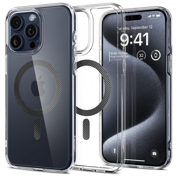 Husa MagSafe pentru Apple iPhone 15 Pro, Spigen, Ultra Hybrid Carbon, Transparenta