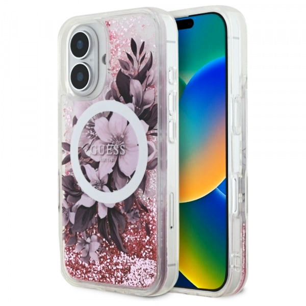 Husa MagSafe pentru Apple iPhone 16, Guess, Liquid Glitter Flower, Roz