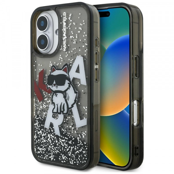 Husa MagSafe pentru Apple iPhone 16, Karl Lagerfeld, Liquid Glitter Choupette Logo, Neagra