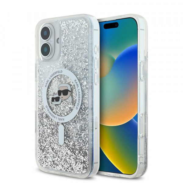 Husa MagSafe pentru Apple iPhone 16 Plus, Karl Lagerfeld, Liquid Glitter Karl & Choupette's Heads, Transparenta