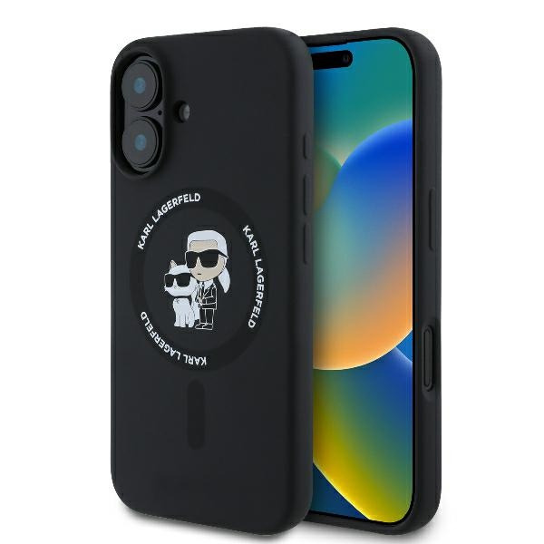 Husa MagSafe pentru Apple iPhone 16 Plus, Karl Lagerfeld, Silicone Ring Karl & Choupette, Neagra