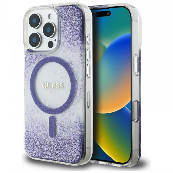Husa MagSafe pentru Apple iPhone 16 Pro, Guess, Resin Bottom Glitter, Mov