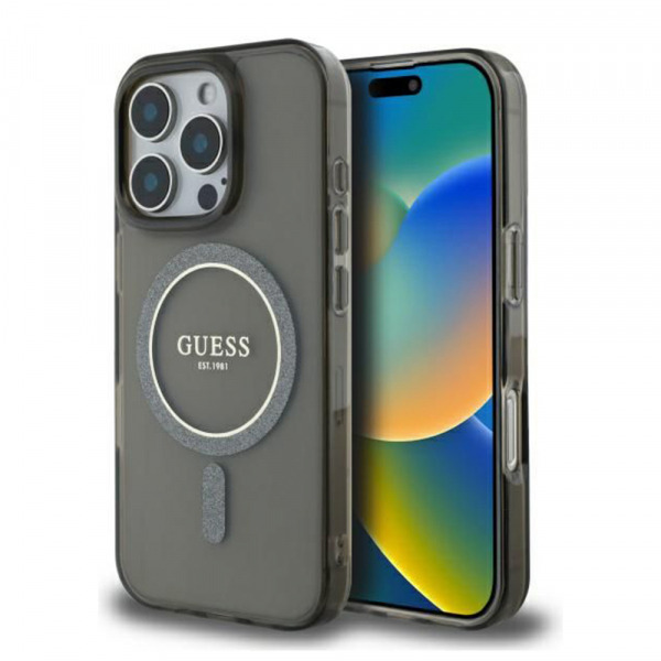 Husa MagSafe pentru Apple iPhone 16 Pro, Guess, IML Glitter Ring, Neagra
