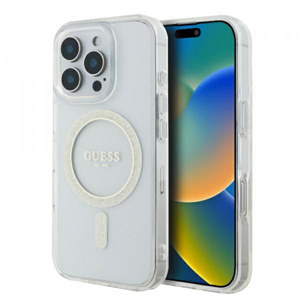 Husa MagSafe pentru Apple iPhone 16 Pro, Guess, IML Glitter Ring, Transparenta