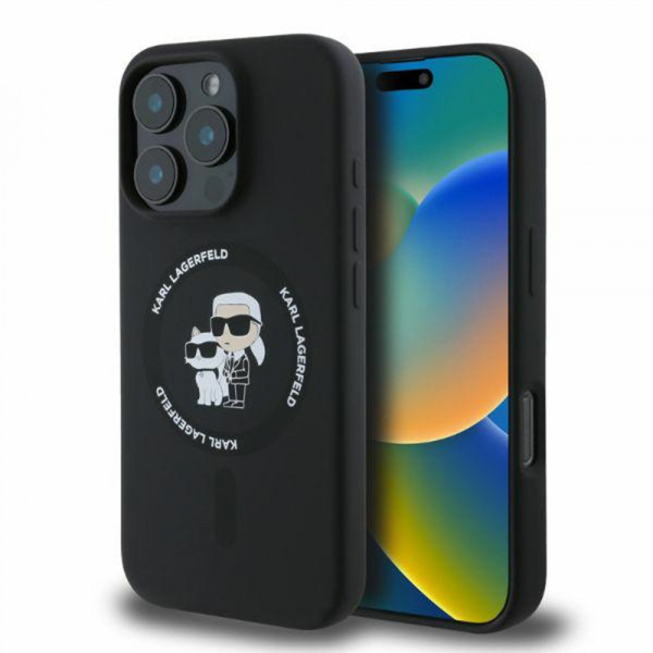 Husa MagSafe pentru Apple iPhone 16 Pro, Karl Lagerfeld, Silicone Ring Karl & Choupette, Neagra