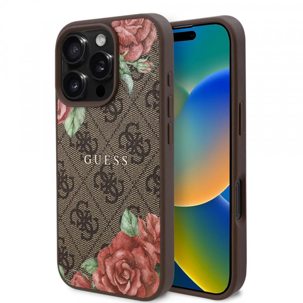 Husa MagSafe pentru Apple iPhone 16 Pro Max, Guess, 4G Flowers Print, Maro