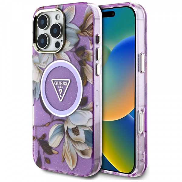 Husa MagSafe pentru Apple iPhone 16 Pro Max, Guess, IML Metal Glitter Flowers Triangle, Mov