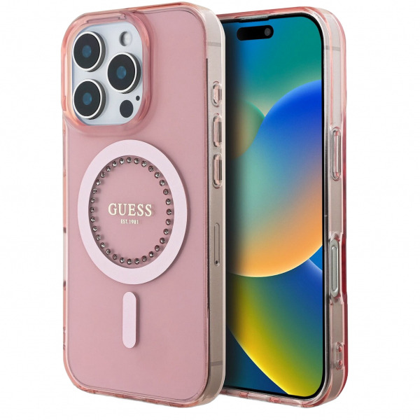 Husa MagSafe pentru Apple iPhone 16 Pro Max, Guess, IML Rhinestones Ring, Roz