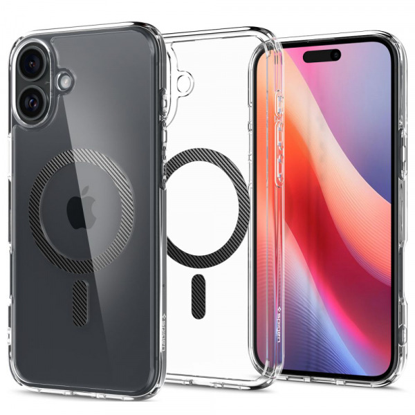 Husa MagSafe pentru Apple iPhone 16, Spigen, Ultra Hybrid Carbon, Transparenta