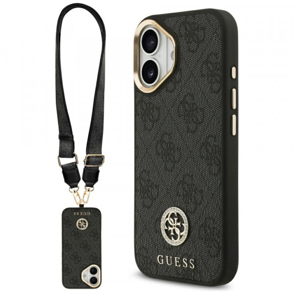 Husa MagSafe pentru Apple iPhone 17, Guess, 4G Strass Logo with Big Strap, Neagra