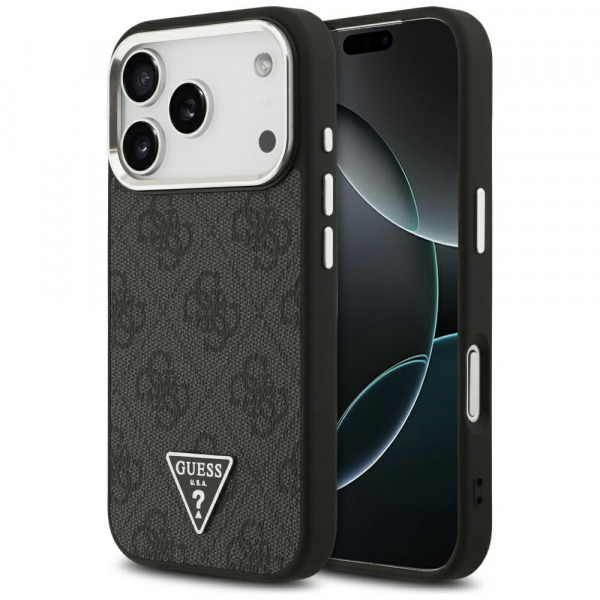 Husa MagSafe pentru Apple iPhone 18 Pro / 17 Pro, Guess, 4G Triangle Logo, Neagra Argintie