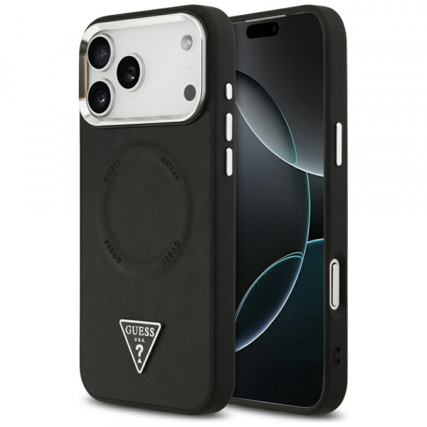 Husa MagSafe pentru Apple iPhone 18 Pro / 17 Pro, Guess, Triangle Logo, Neagra Argintie