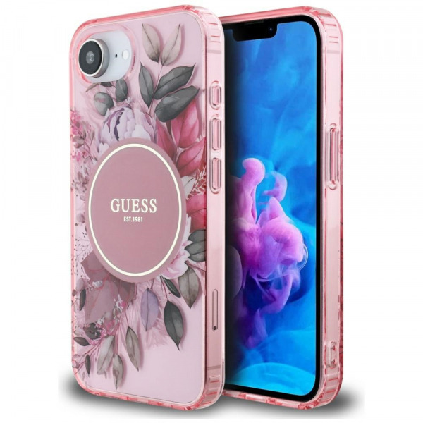 Husa MagSafe pentru Apple iPhone 17e / 16e, Guess, IML Flowers, Roz