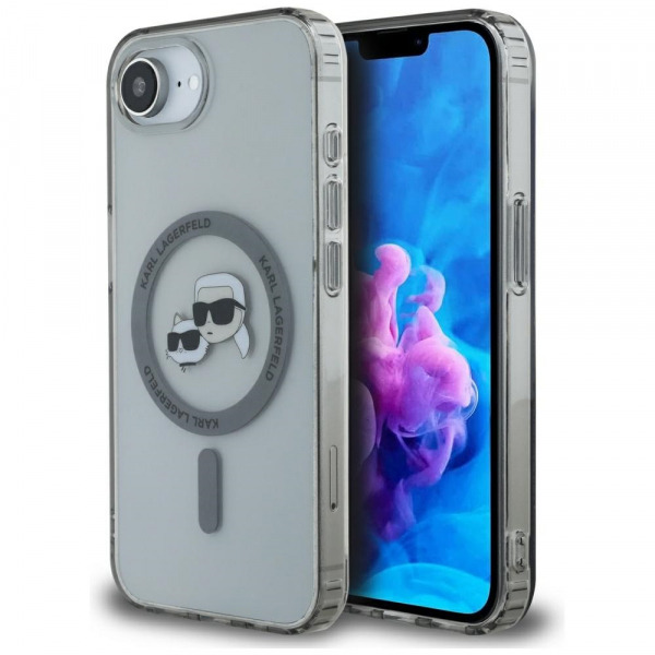 Husa MagSafe pentru Apple iPhone 17e / 16e, Karl Lagerfeld, IML Metal Karl & Choupette's Heads, Neagra