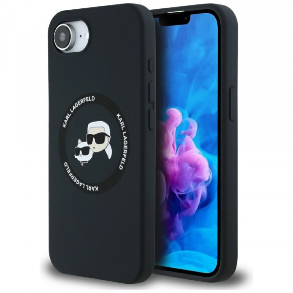 Husa MagSafe pentru Apple iPhone 17e / 16e, Karl Lagerfeld, Silicone Karl & Choupette's Heads, Neagra