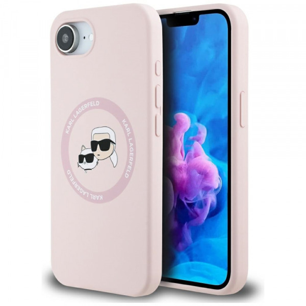 Husa MagSafe pentru Apple iPhone 17e / 16e, Karl Lagerfeld, Silicone Karl & Choupette's Heads, Roz