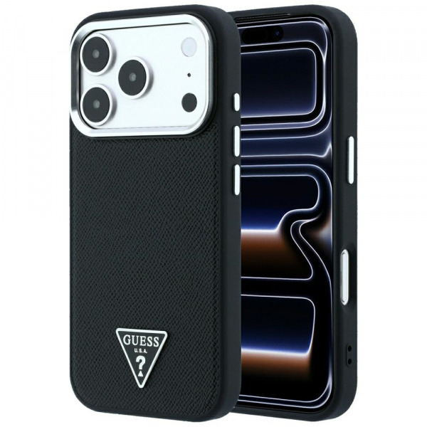 Husa MagSafe pentru Apple iPhone 18 Pro / 17 Pro, Guess, Grained Triangle Logo, Neagra