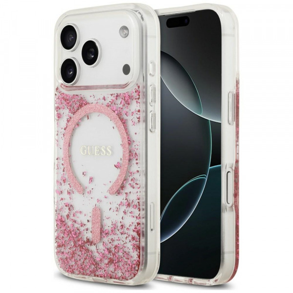 Husa MagSafe pentru Apple iPhone 18 Pro / 17 Pro, Guess, Resin Bottom Glitter, Roz