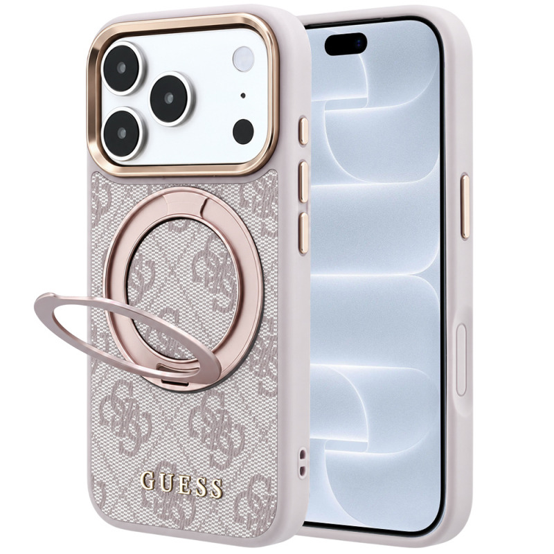 Husa MagSafe pentru Apple iPhone 18 Pro / 17 Pro, Guess, Ring Stand 360 4G Classic Logo, Roz