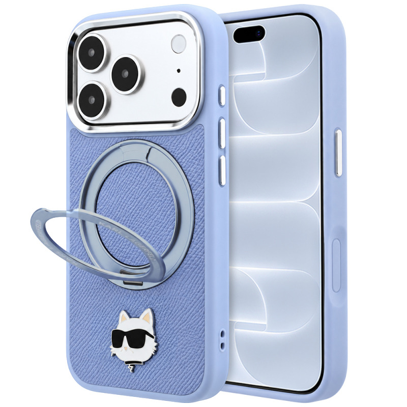 Husa MagSafe pentru Apple iPhone 18 Pro / 17 Pro, Karl Lagerfeld, Ring Stand 360 Choupette Pin, Bleu