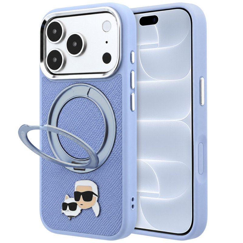 Husa MagSafe pentru Apple iPhone 18 Pro / 17 Pro, Karl Lagerfeld, Ring Stand 360 Karl & Choupette Pin, Bleu