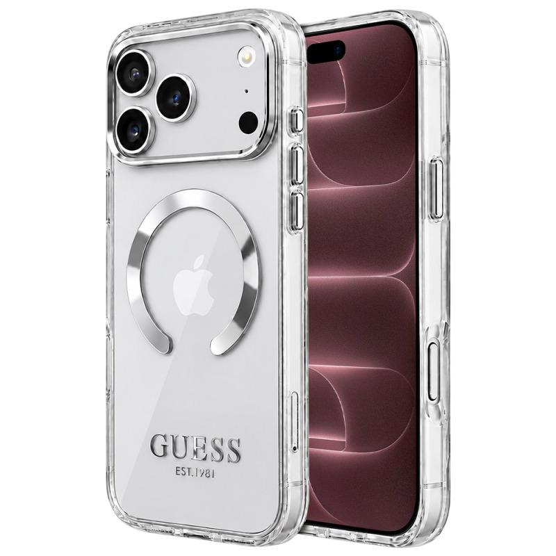 Husa MagSafe pentru Apple iPhone 18 Pro Max / 17 Pro Max, Guess, Metal Outline, Argintie