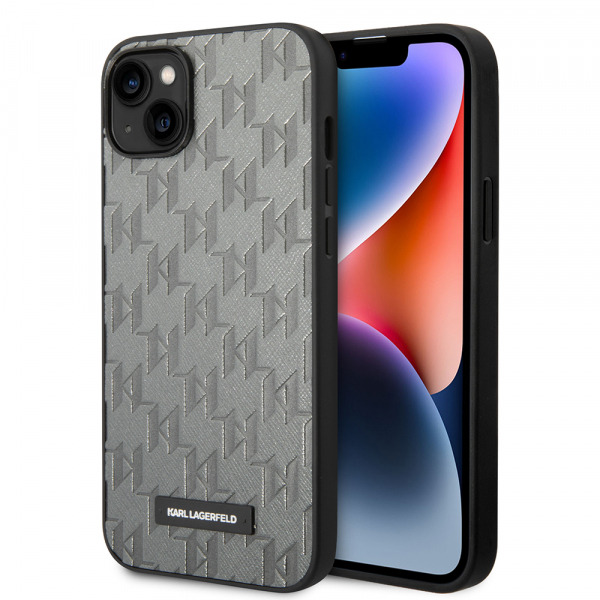 Husa pentru Apple iPhone 14 Plus, Karl Lagerfeld, Saffiano Monogram Metal Logo, Gri
