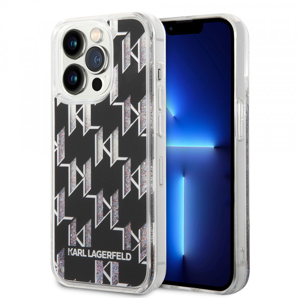 Husa pentru Apple iPhone 14 Pro, Karl Lagerfeld, Liquid Glitter Monogram, Neagra