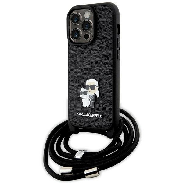 Husa pentru Apple iPhone 14 Pro, Karl Lagerfeld, Saffiano Crossbody Metal Pin Karl & Choupette, Neagra