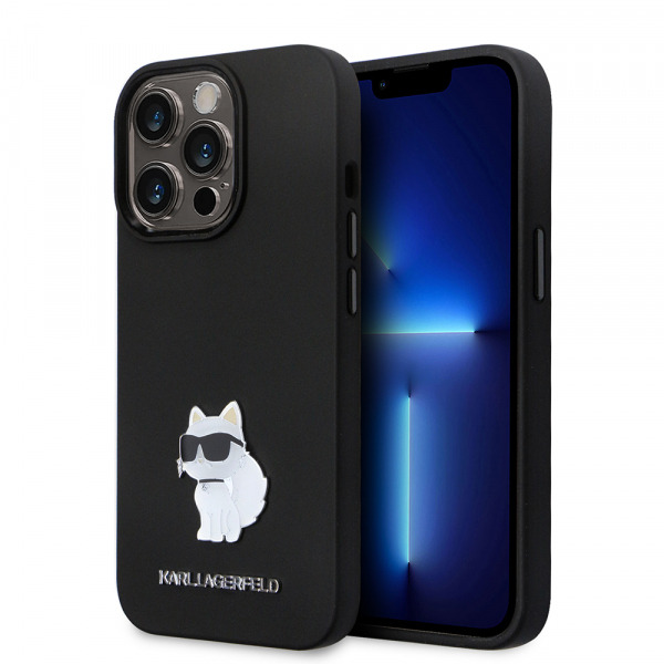 Husa pentru Apple iPhone 14 Pro, Karl Lagerfeld, Silicone Choupette Metal, Neagra