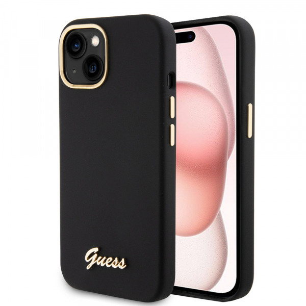 Husa pentru Apple iPhone 15, Guess, Script Metal Logo & Frame, Neagra
