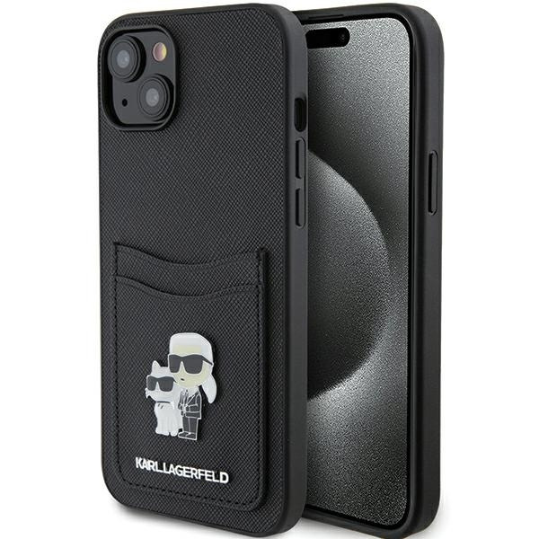 Husa pentru Apple iPhone 15, Karl Lagerfeld, Saffiano Card Slot Metal Karl & Choupette, Neagra