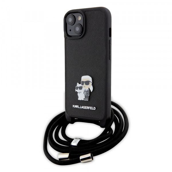 Husa pentru Apple iPhone 15, Karl Lagerfeld, Saffiano Crossbody Metal Pin Karl & Choupette, Neagra