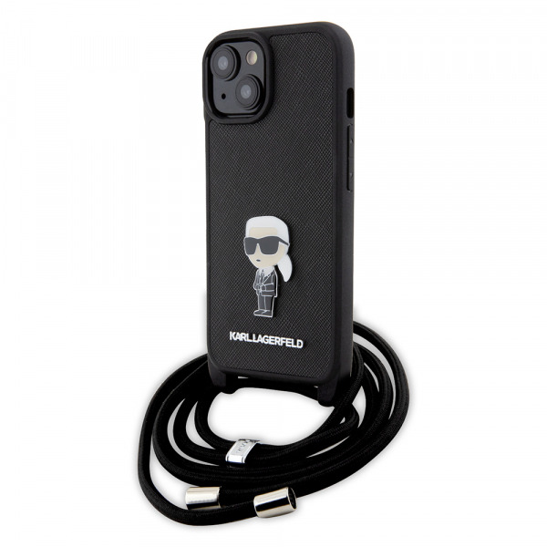 Husa pentru Apple iPhone 15, Karl Lagerfeld, Saffiano Crossbody Monogram Metal Pin Karl, Neagra