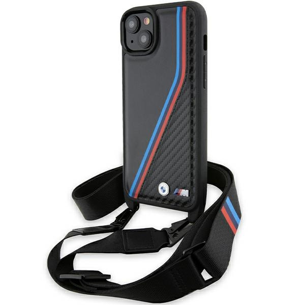 Husa pentru Apple iPhone 15 Plus, BMW, M Edition Carbon Tricolor Lines & Strap, Neagra