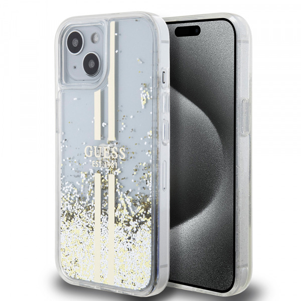 Husa pentru Apple iPhone 15 Plus, Guess, Liquid Glitter Gold Stripes, Transparenta