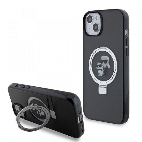 Husa pentru Apple iPhone 15 Plus, Karl Lagerfeld, Ringstand Karl & Choupette, Neagra