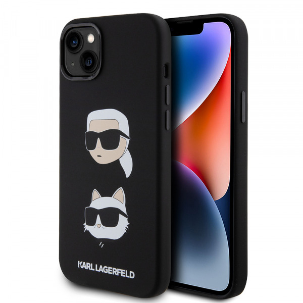 Husa pentru Apple iPhone 15 Plus, Karl Lagerfeld, Silicone Karl & Choupette's Heads, Neagra