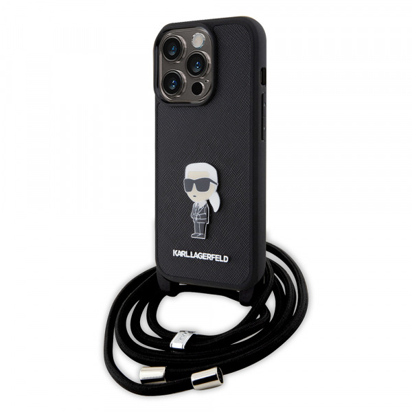 Husa pentru Apple iPhone 15 Pro, Karl Lagerfeld, Saffiano Crossbody Monogram Metal Pin Karl, Neagra