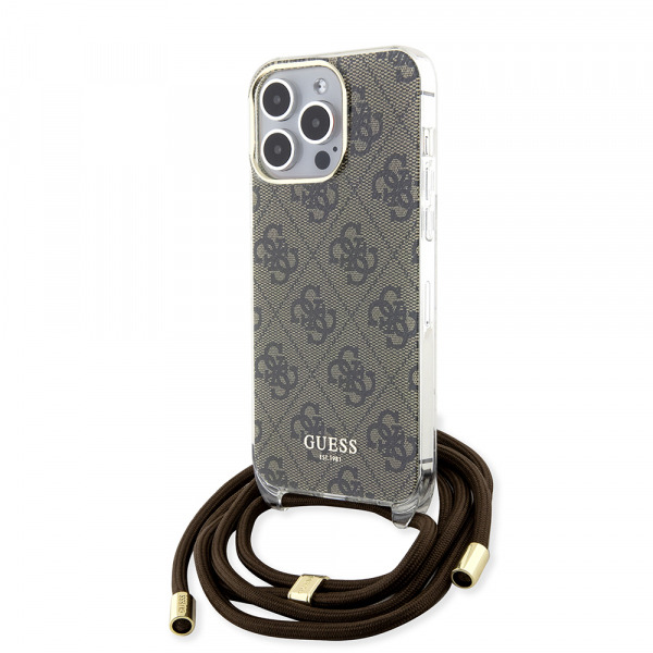 Husa pentru Apple iPhone 15 Pro, Guess, Crossbody Cord 4G Print, Maro