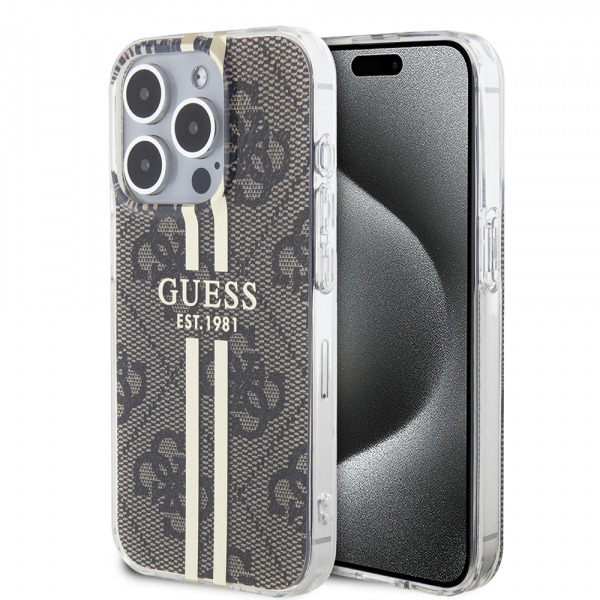 Husa pentru Apple iPhone 15 Pro, Guess, IML 4G Gold Stripe, Maro