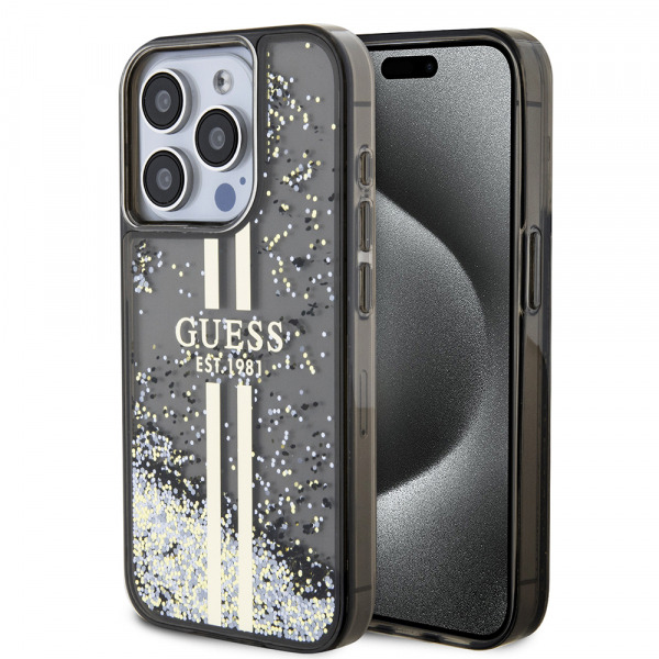 Husa pentru Apple iPhone 15 Pro, Guess, Liquid Glitter Gold Stripe, Neagra