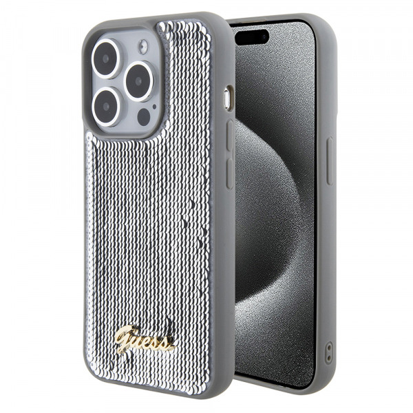 Husa pentru Apple iPhone 15 Pro, Guess, Sequin Script Metal, Argintie