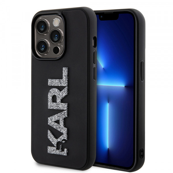 Husa pentru Apple iPhone 15 Pro, Karl Lagerfeld, 3D Rubber Glitter Logo Karl, Neagra