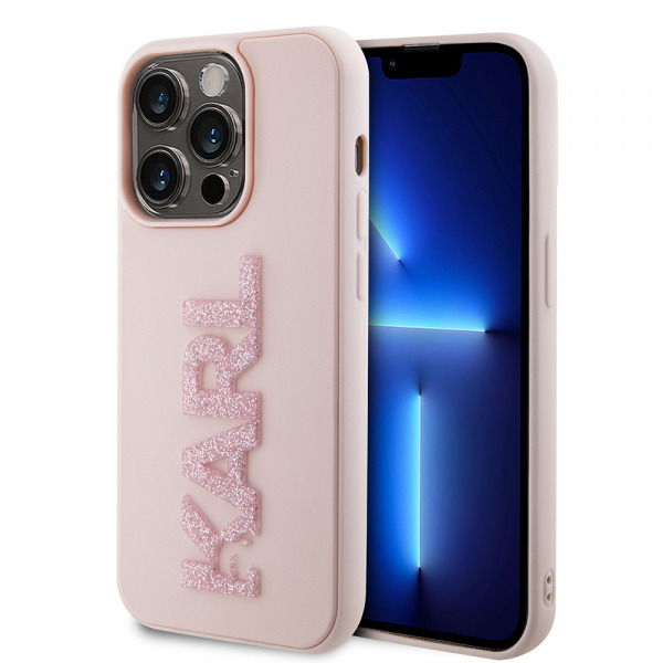 Husa pentru Apple iPhone 15 Pro, Karl Lagerfeld, 3D Rubber Glitter Logo Karl, Roz