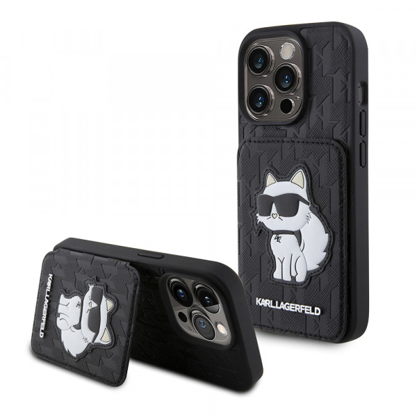 Husa pentru Apple iPhone 15 Pro, Karl Lagerfeld, Saffiano Cardslots and Stand Monogram Choupette, Neagra