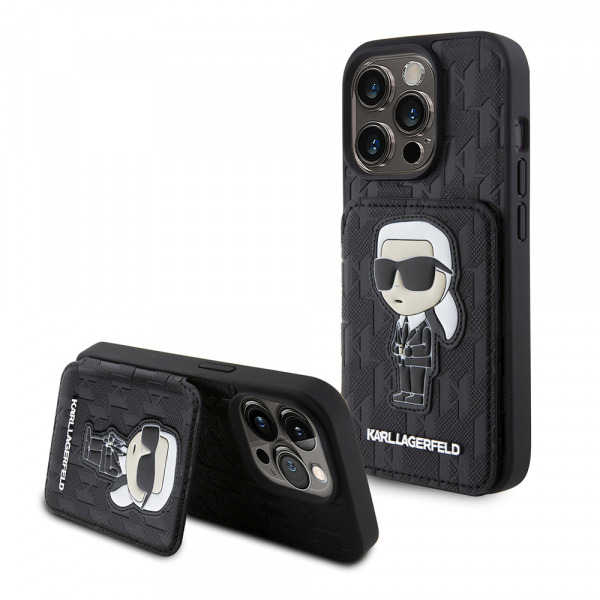 Husa pentru Apple iPhone 15 Pro, Karl Lagerfeld, Saffiano Cardslots and Stand Monogram Ikonik Karl, Neagra