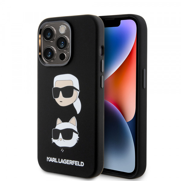 Husa pentru Apple iPhone 15 Pro, Karl Lagerfeld, Silicone Karl & Choupette Heads, Neagra