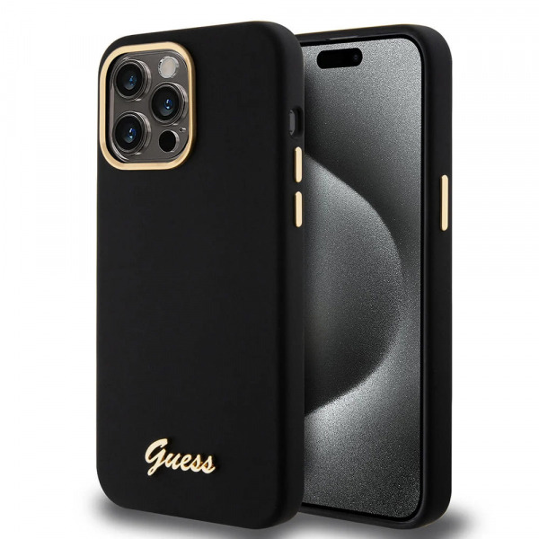 Husa pentru Apple iPhone 15 Pro Max, Guess, Script Metal Logo & Frame, Neagra